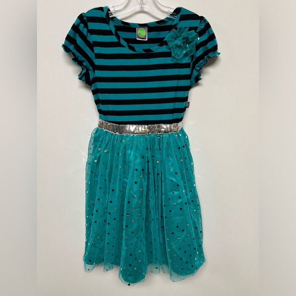DOLLIE & ME GIRLS SPARKLE PARTY DRESS SIZE 8. TURQUOISE AND BLACK - Picture 5 of 7